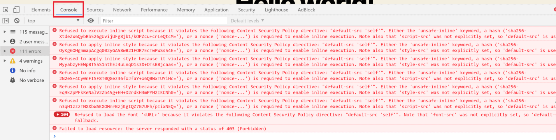 Content Security Policy error log