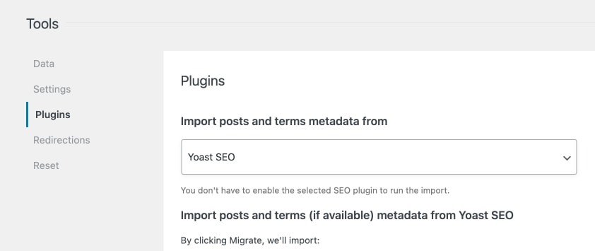 screenshot of SEOPress migration options