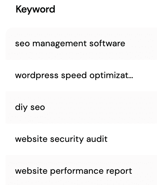 current keywords: seo management software, wordpress speed optimization, diy seo, website security audit, website performance report