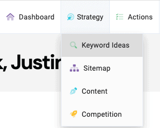 navigation screenshot displaying the submenu of strategy: Keyword Ideas (highlighted), Sitemap, Content, Competition