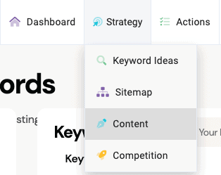 navigation screenshot displaying the submenu of strategy: Keyword Ideas, Sitemap, Content (highlighted), Competition