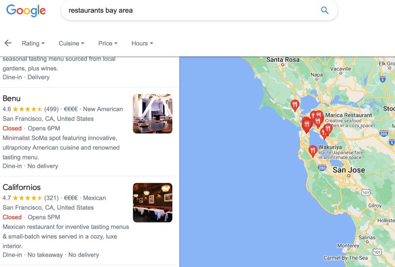 example Google map local finder showing list of restaurants and a map with red pin drops all over the bay area