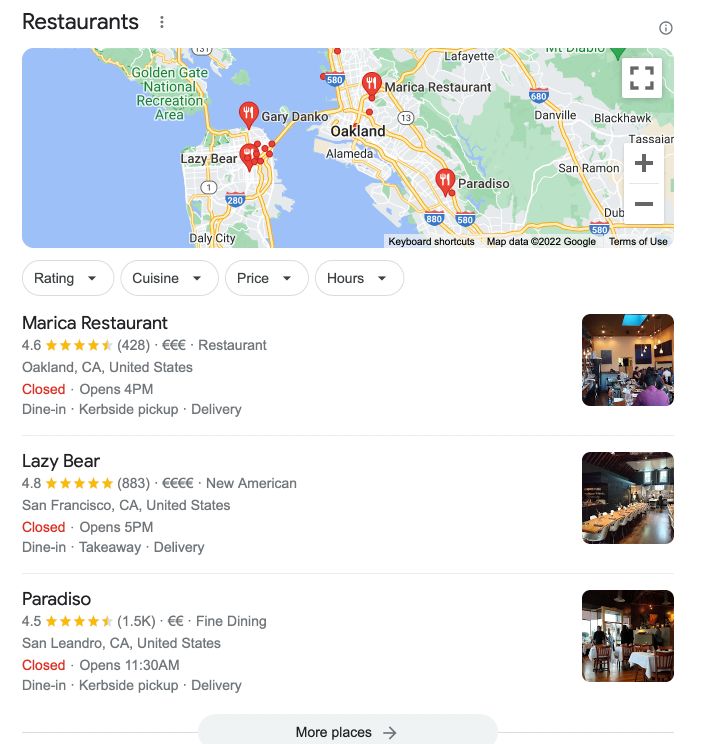 The 3-pack in search results for restaurants in the bay area showing a map with red pins where the listed restaurants location is.