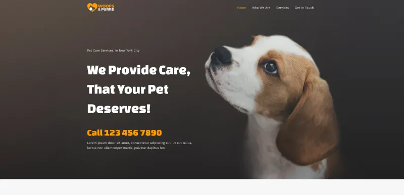 screenshot of website template for a pet care business